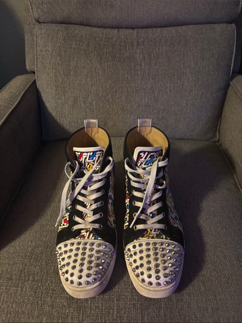 Christian Louboutin Black Studded High-Top Sneakers with White Laces